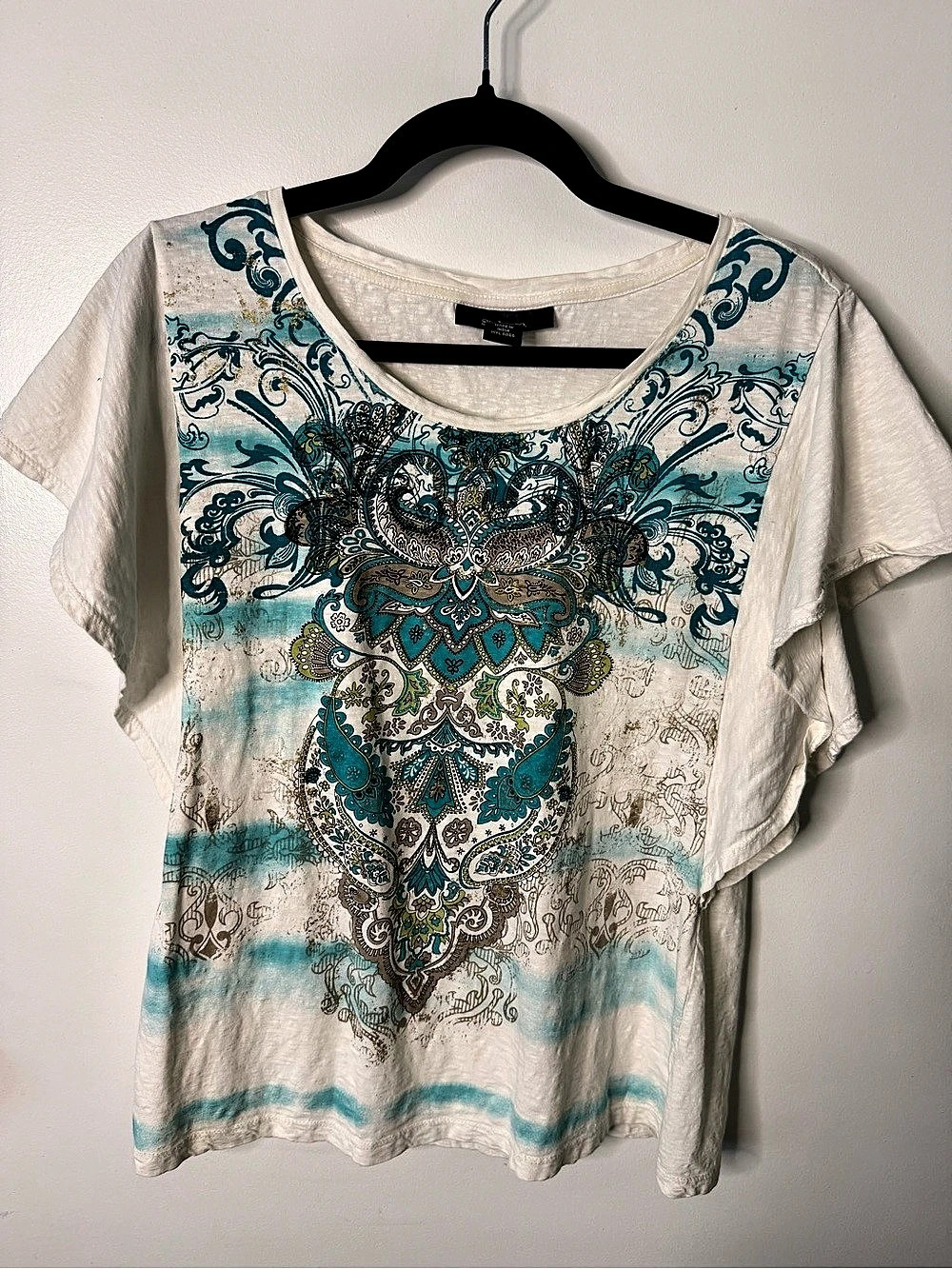 Style & Co Boho Paisley Graphic Tee Turquoise Teal White Whimsical Mandala